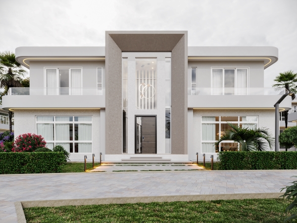 Chalet Q architectural visualization with landscaping and paint finish selection